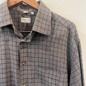 Lorenzo Uomo Mens Red/Gray Grid Plaid Cotton Button Up Shirt Holiday | Size XL
